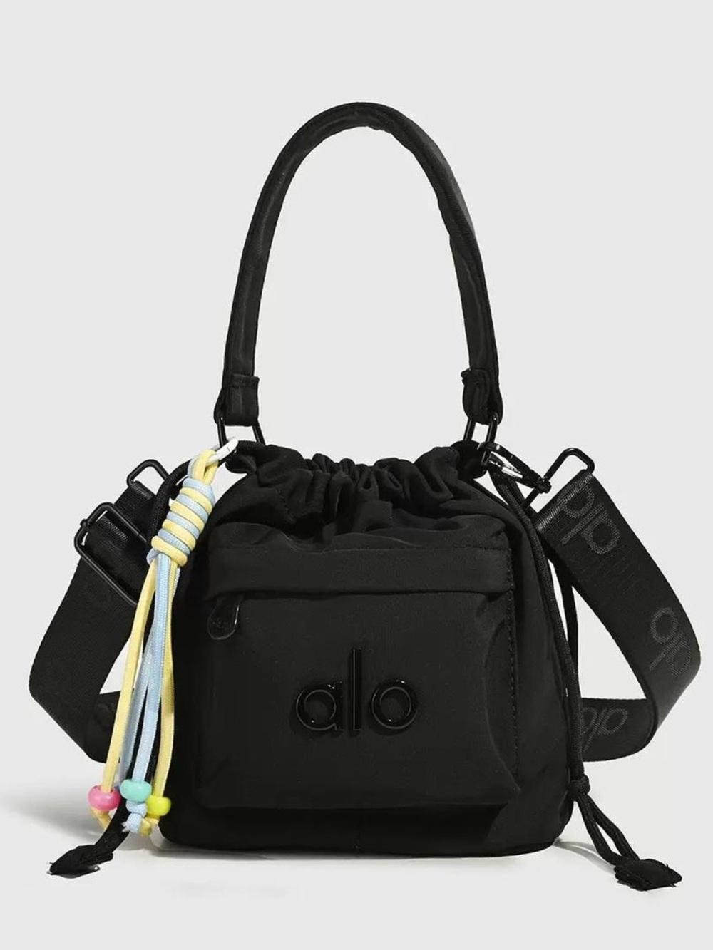 ALO Yoga Black Mini Drawstring Tote with Pastel Tassel Charm